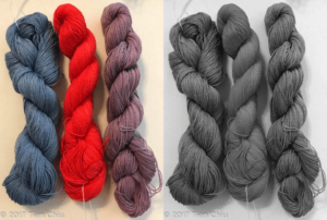 side-by-side color and b/w phtos of the same three skeins of yarn