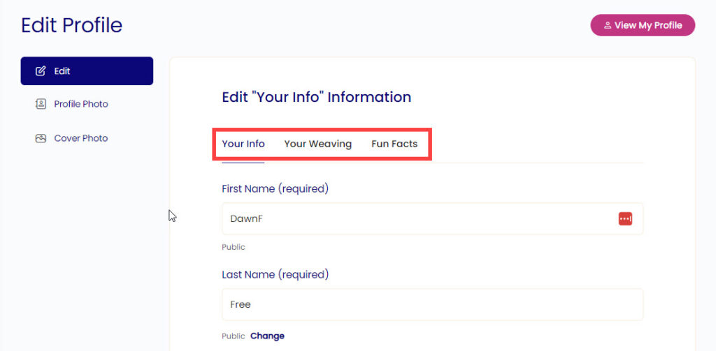 Screenshot of editing your Profile on the Your Info tab